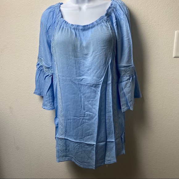 Sky Blue Lace Trim Off The Shoulder Dress - Picture 3 of 5